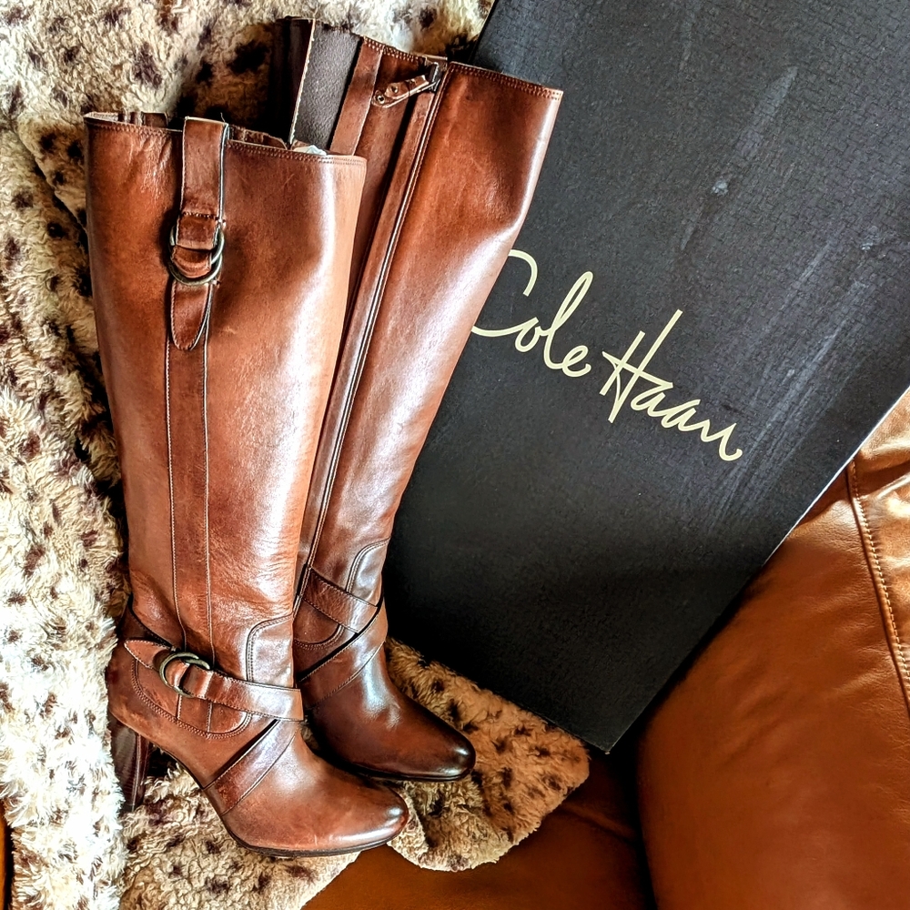 COLE HAAN - Courtney Air Tall High-Heeled Leather Boots - Brown - NIB
